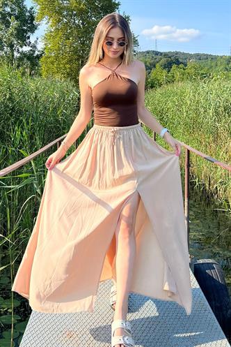 Bej Beli Lastikli Yırtmaçlı Uzun Kadın Etek MG2062