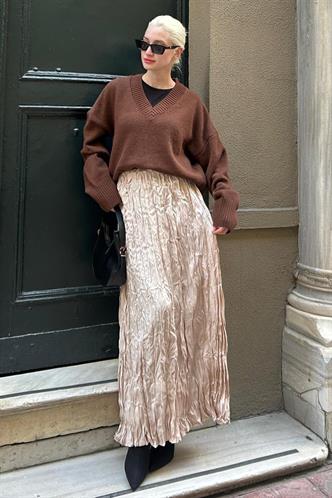 Parlak Taş Rengi Kırışık Desen Kadın Etek MG2290