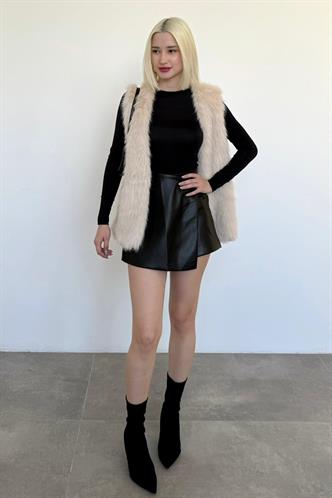 Siyah Deri Mini Şort Etek Mg2550