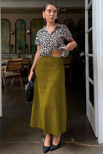 Yağ Yeşili Süet Uzun Etek Mg2549