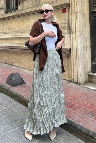 Parlak Mint Yeşili Kırışık Desen Kadın Etek MG2290