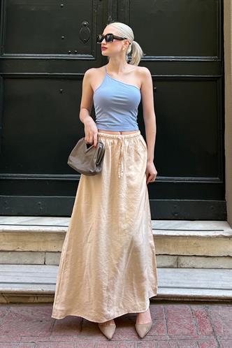 Bej Beli Lastikli Uzun Kadın Etek MG1979