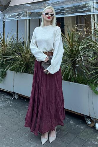 Bordo Kırışık Desen Midi Boy Kadın Etek MG2266