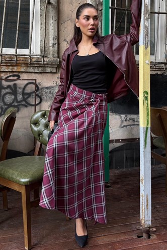 Bordo Ekose Desenli Yırtmaç Detaylı Kruvaze Midi Kadın Etek MG2690