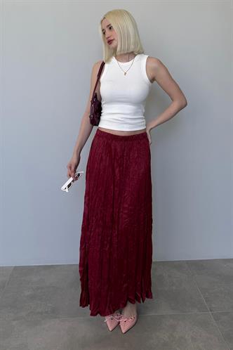 Bordo Kırışık Desen Kadın Saten Etek Mg2468