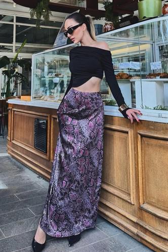 Lila Desenli Saten Kadın Uzun Etek Mg2333