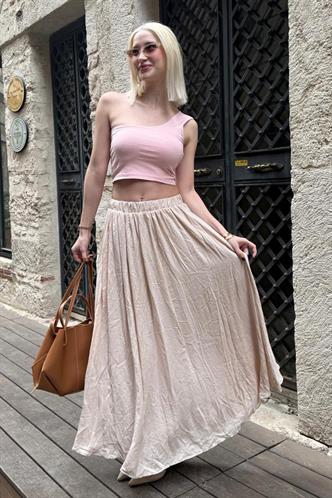 Bej Vual Kumaş Basic Kadın Uzun Boy Kadın Etek Mg2366