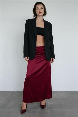 Bordo Saten Midi Boy Şık Kadın Etek MG2637