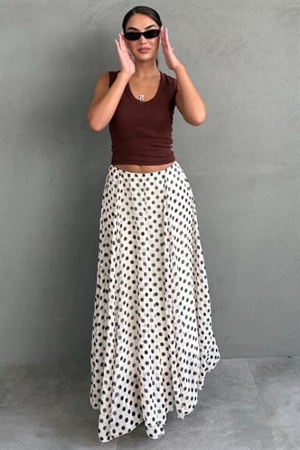 Bej Puantiye Desenli Vintage Şifon Maxi Etek MG2776