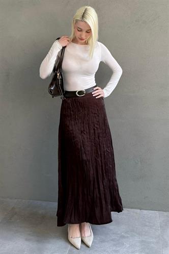 Kahverengi Kırışık Desen Kemerli Cepli Uzun Etek MG2661