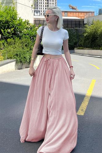 Pembe Beli Lastikli Yırtmaçlı Uzun Kadın Etek MG2062