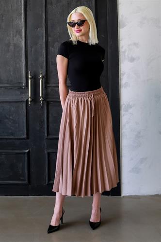 Camel Pileli Midi Boy Kadın Etek Mg2393
