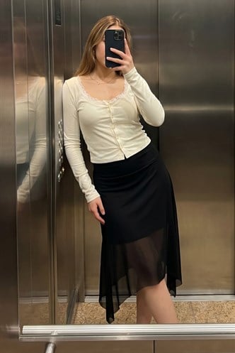 Siyah Şifon Asimetrik Kesim Midi Etek MG2777