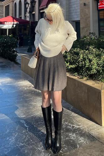 Bej Ekose Desen Kadın Pileli Etek MG2248