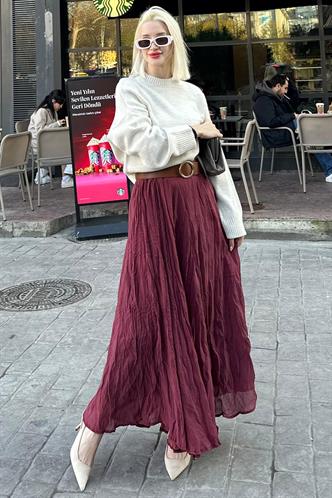 Bordo Kırışık Desen Midi Boy Kadın Etek MG2266