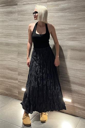 Füme Beli Lastikli Buruşuk Mikro Uzun Kadın Etek MG2155