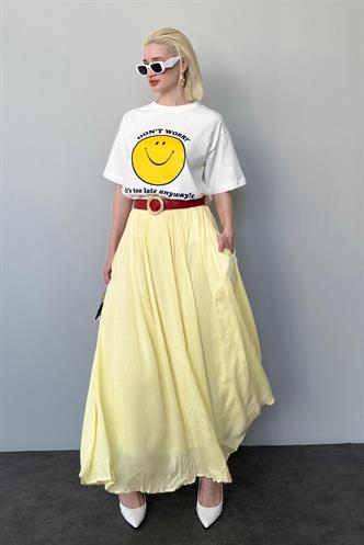 Sarı Vual Kumaş Basic Kadın Uzun Boy Kadın Etek Mg2366
