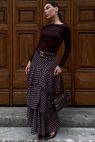 Kahverengi/Beyaz Kemerli Yırtmaçlı Puantiye Desen Volanlı Etek MG2715 