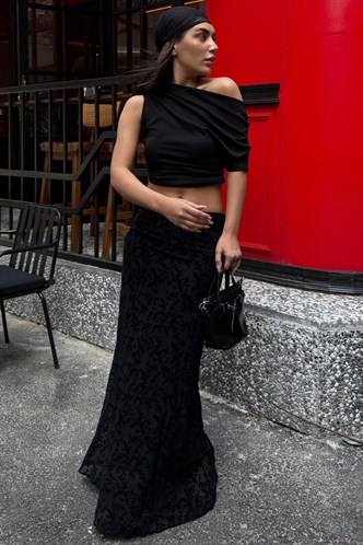 Siyah Flok Baskılı Tül Etek MG2711