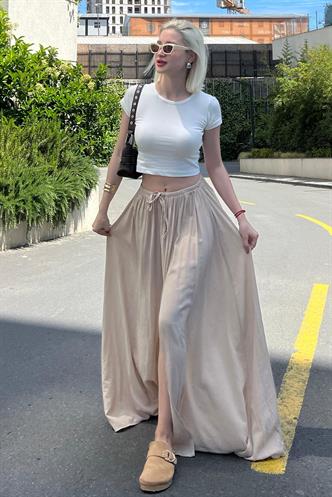 Bej Beli Lastikli Yırtmaçlı Uzun Kadın Etek MG2062