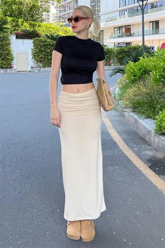 Bej Yandan Büzgülü Maxi Etek MG2085