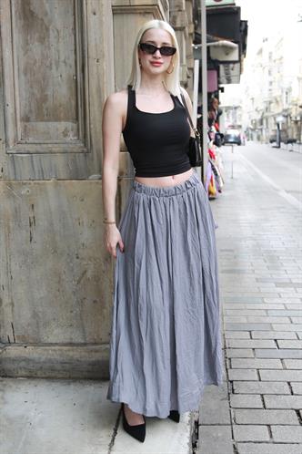 Gri Vual Kumaş Basic Kadın Uzun Boy Kadın Etek Mg2366