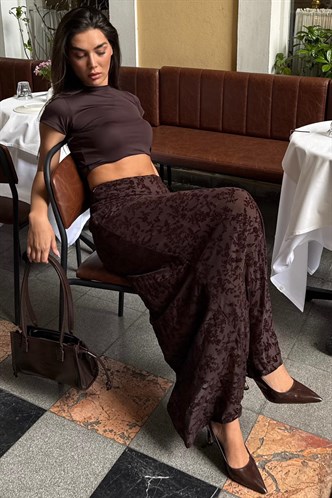Kahverengi Flok Baskılı Tül Etek MG2711