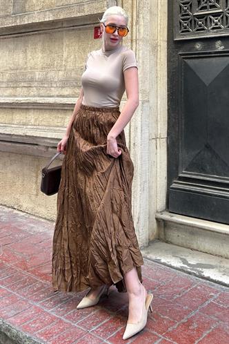 Kahverengi Kırışık Desen Midi Boy Kadın Etek MG2266