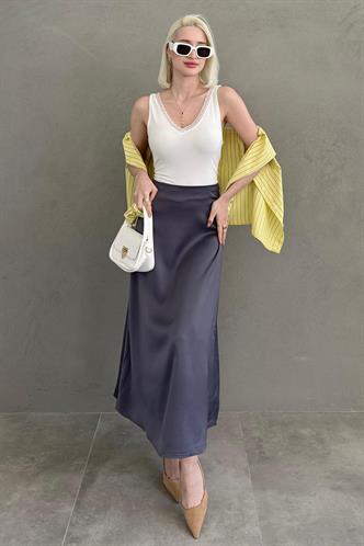 Antrasit  Midi Boy Kadın Saten Etek MG1409