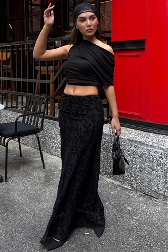 Siyah Flok Baskılı Tül Etek MG2711