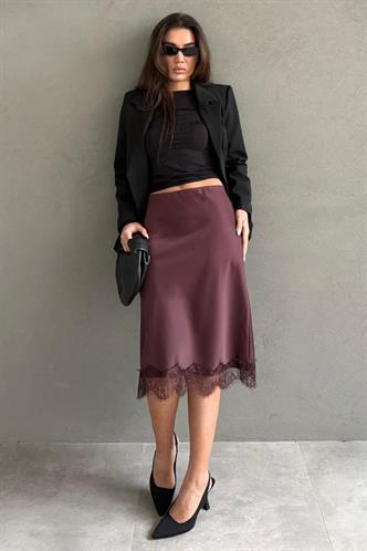 Kahverengi Dantel Detaylı Midi Boy Saten Etek MG2673 