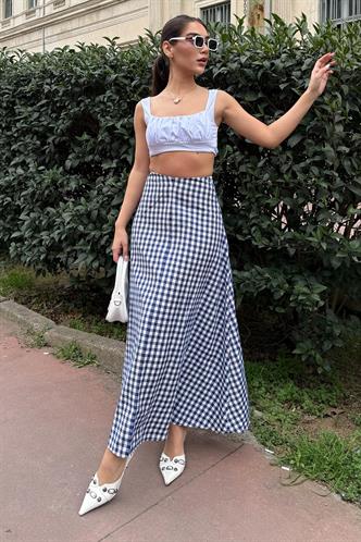 Lacivert Pötikareli Midi Boy Kadın Etek Mg2360