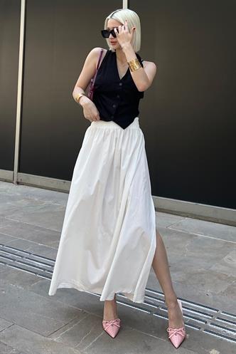 Beyaz Basic Yırtmaçlı Midi Etek MG2092