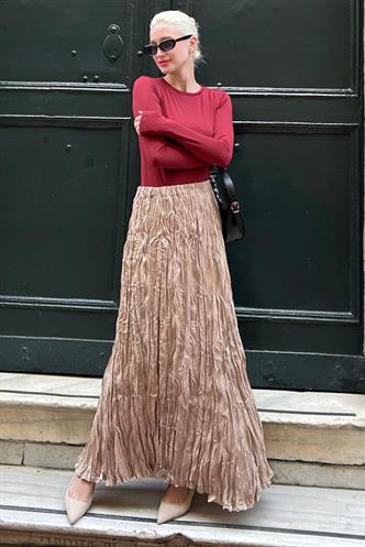 Parlak Camel Kırışık Desen Kadın Etek MG2290