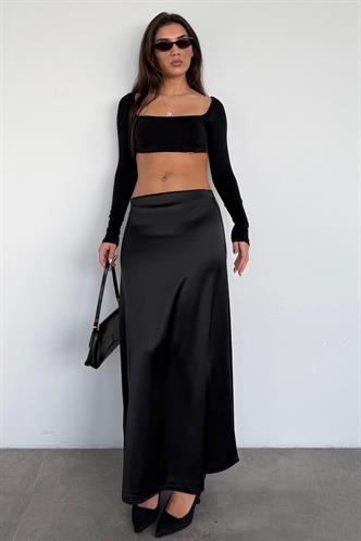 Siyah Saten Midi Boy Şık Kadın Etek MG2637