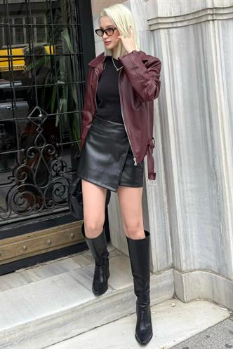 Siyah Kadın Deri Şort Etek Mg2521