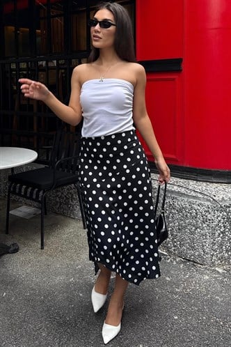 Siyah Puantiyeli Asimetrik Kadın Etek MG2785