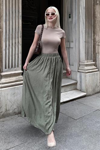 Yeşil Vual Kumaş Basic Kadın Uzun Boy Kadın Etek Mg2366