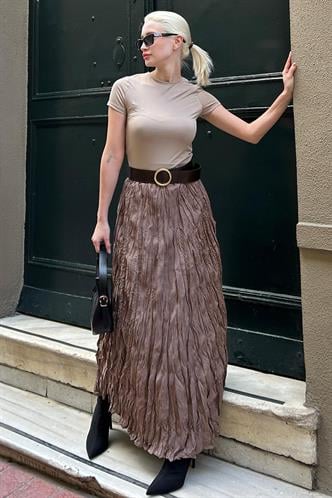 Kahverengi Beli Lastikli Buruşuk Mikro Uzun Kadın Etek MG2155