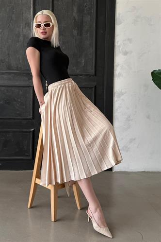 Bej Pileli Midi Boy Kadın Etek Mg2393