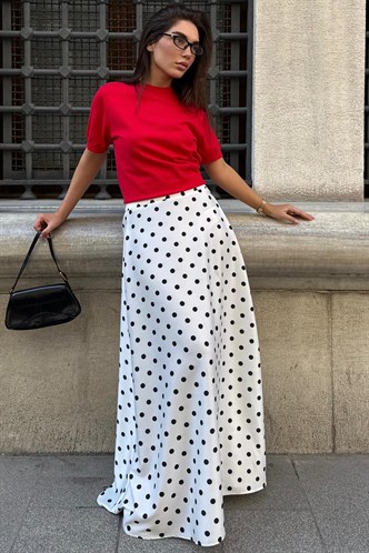 Beyaz Puantiyeli Maxi Kadın Saten Etek MG2725