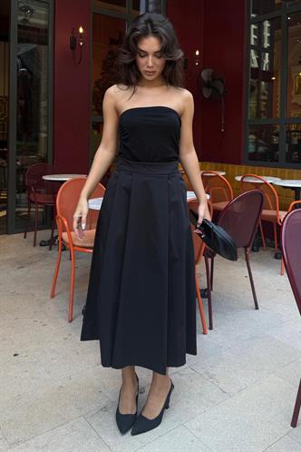 Siyah Pileli Cepli Kadın Midi Boy Etek Mg2536