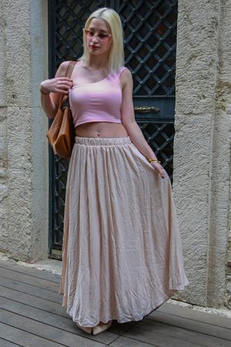 Bej Vual Kumaş Basic Kadın Uzun Boy Kadın Etek Mg2366