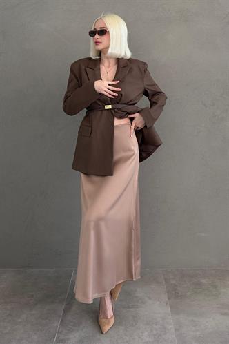  Vizon Midi Boy Kadın Saten Etek MG1409