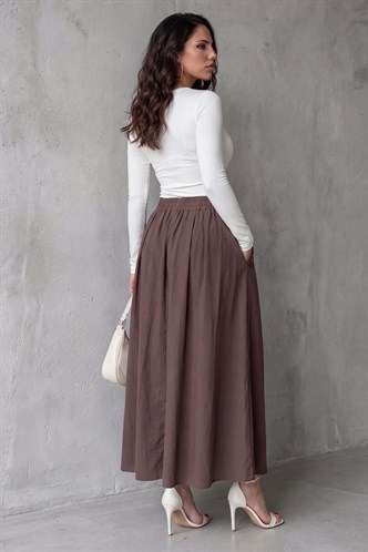 Kahverengi Beli Lastikli Midi Boy Kadın Etek MG2616
