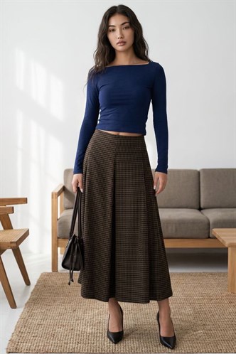 Siyah/Haki Kare Desenli Midi Kadın Etek MG2617