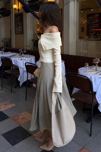 Bej/Haki Kare Desenli Midi Kadın Etek MG2617