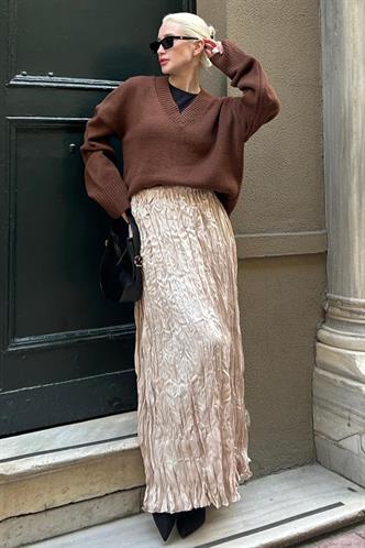 Parlak Taş Rengi Kırışık Desen Kadın Etek MG2290