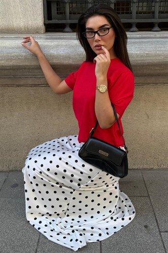 Beyaz Puantiyeli Maxi Kadın Saten Etek MG2725