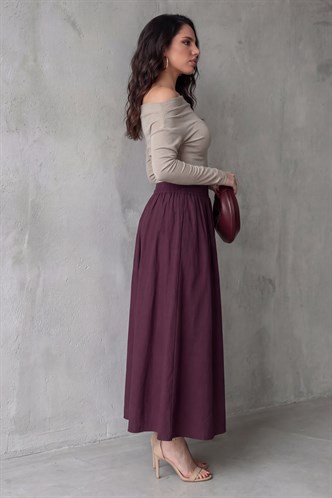 Mürdüm Beli Lastikli Midi Boy Kadın Etek MG2616